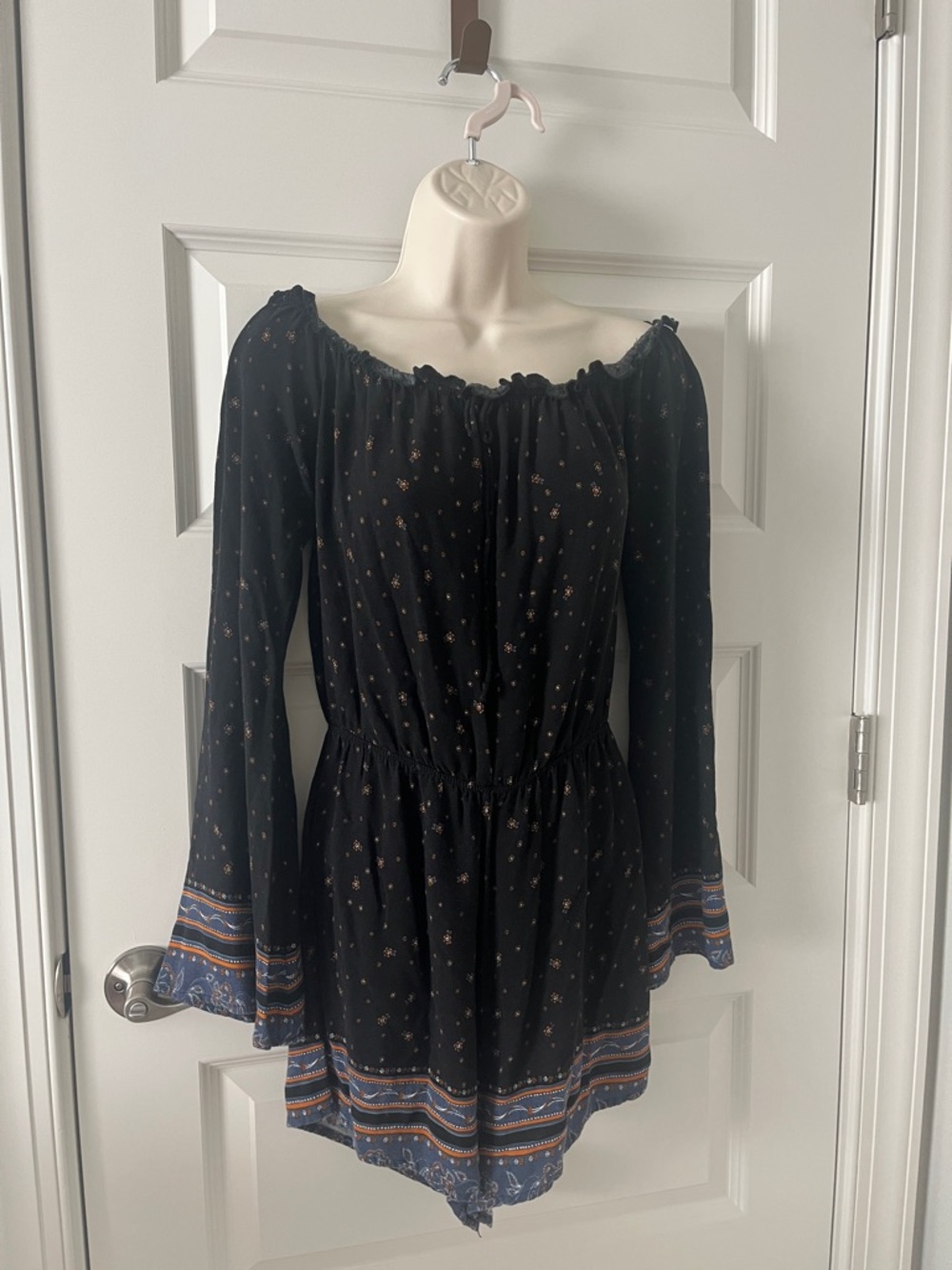 Black Floral Off-Shoulder Long-Sleeve Romper with Border Trim